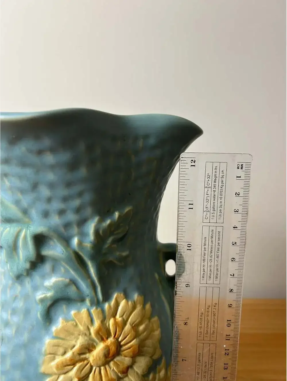 Weller Delsa Art Pottery Blue Dimpled Yellow Flower 13